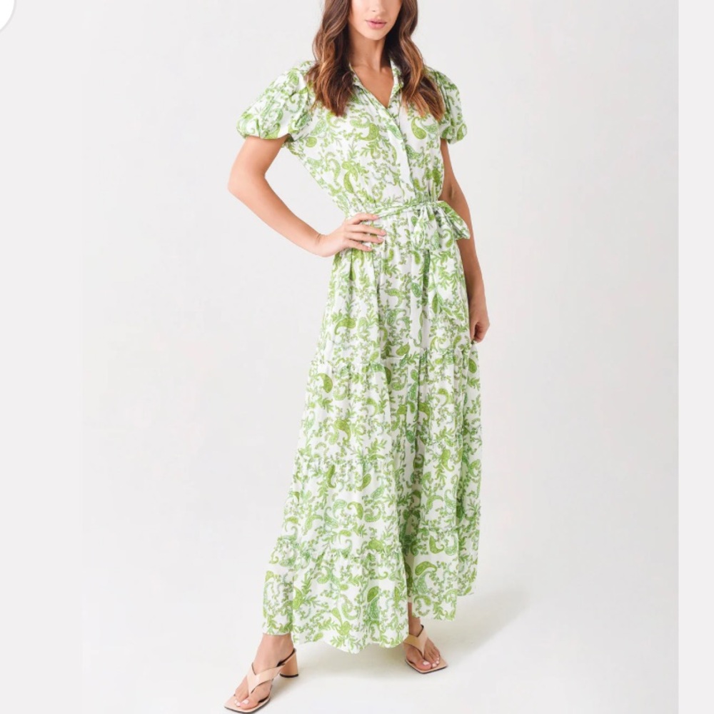 Misa Los Angeles Green and White Maxi Dress